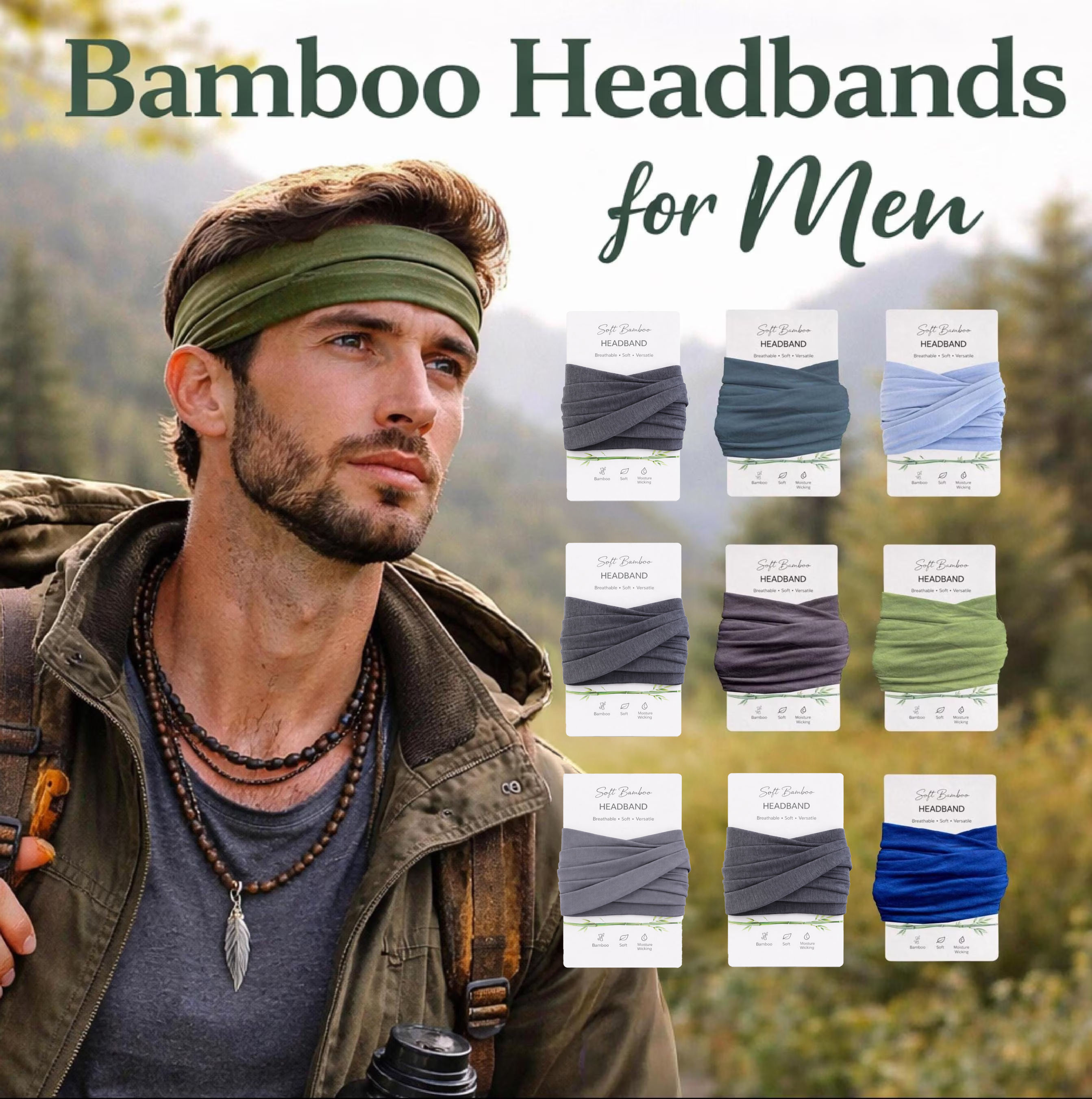 Bamboo Headband Set For Men – 3 Pack | Soft Breathable Yoga & Workout Headbands | Eco Friendly Athletic Hair Bands